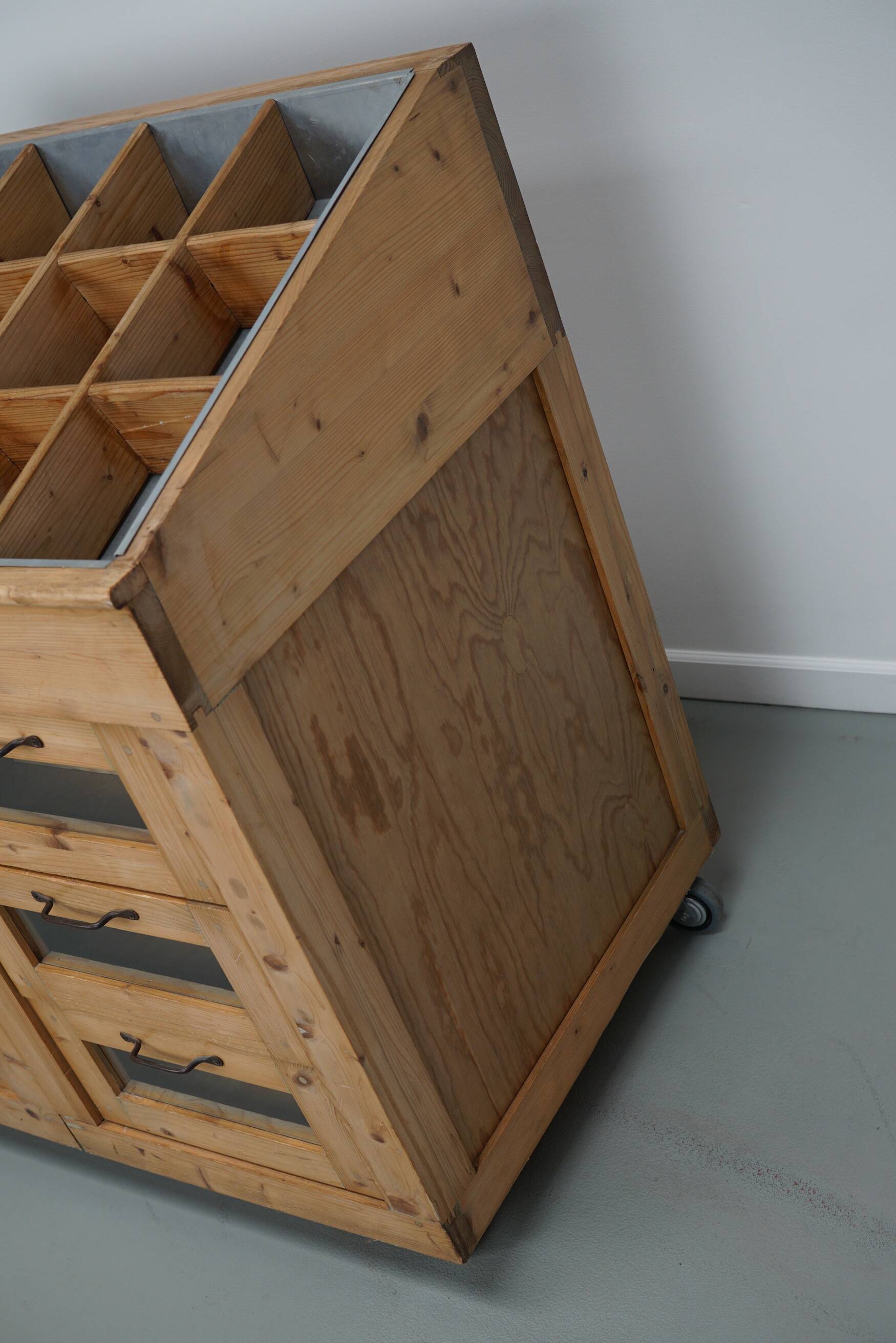 Vintage Dutch Pine Haberdashery Shop Cabinet with Glass Fronts