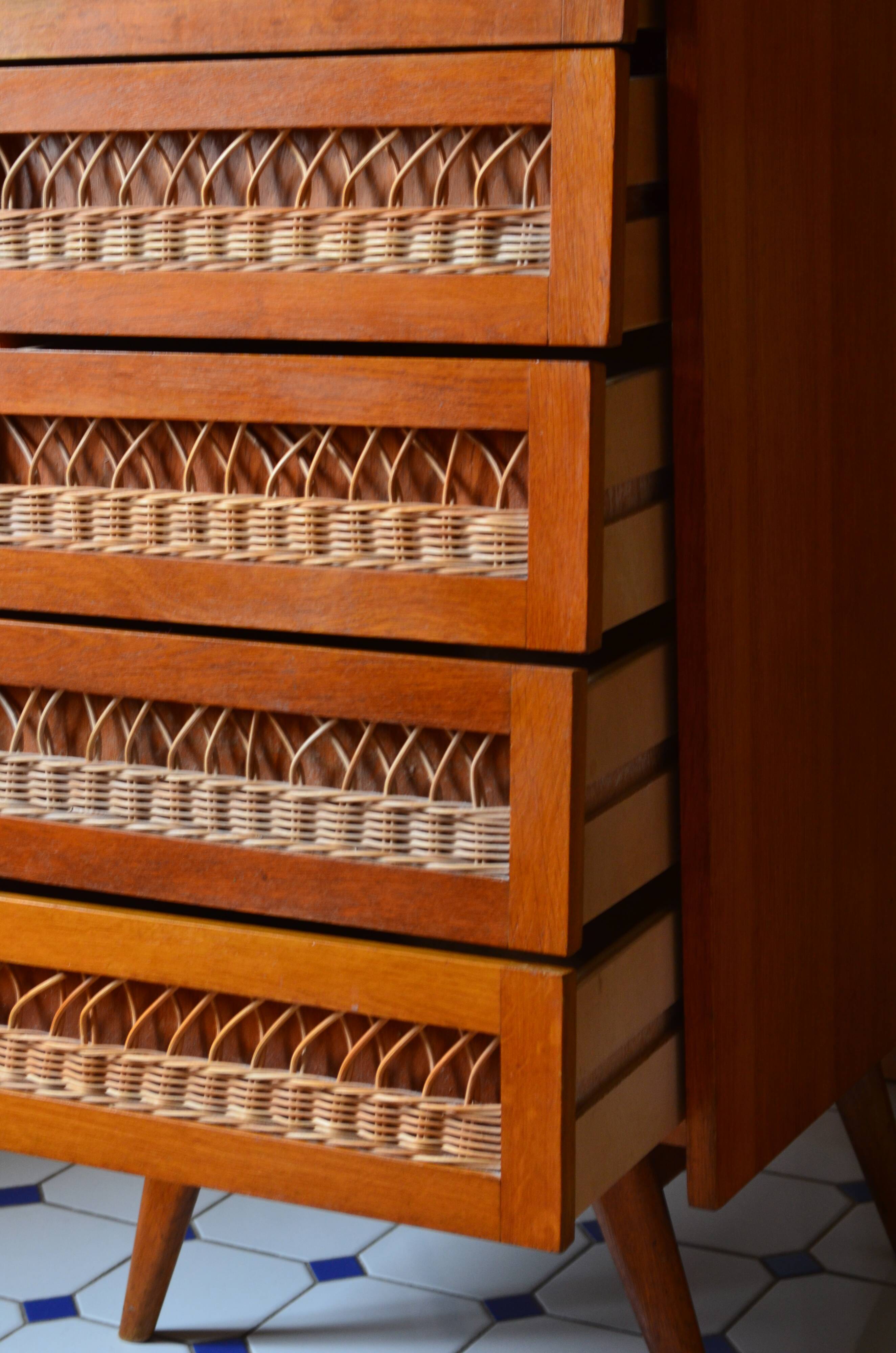 Wooden and rattan dresser