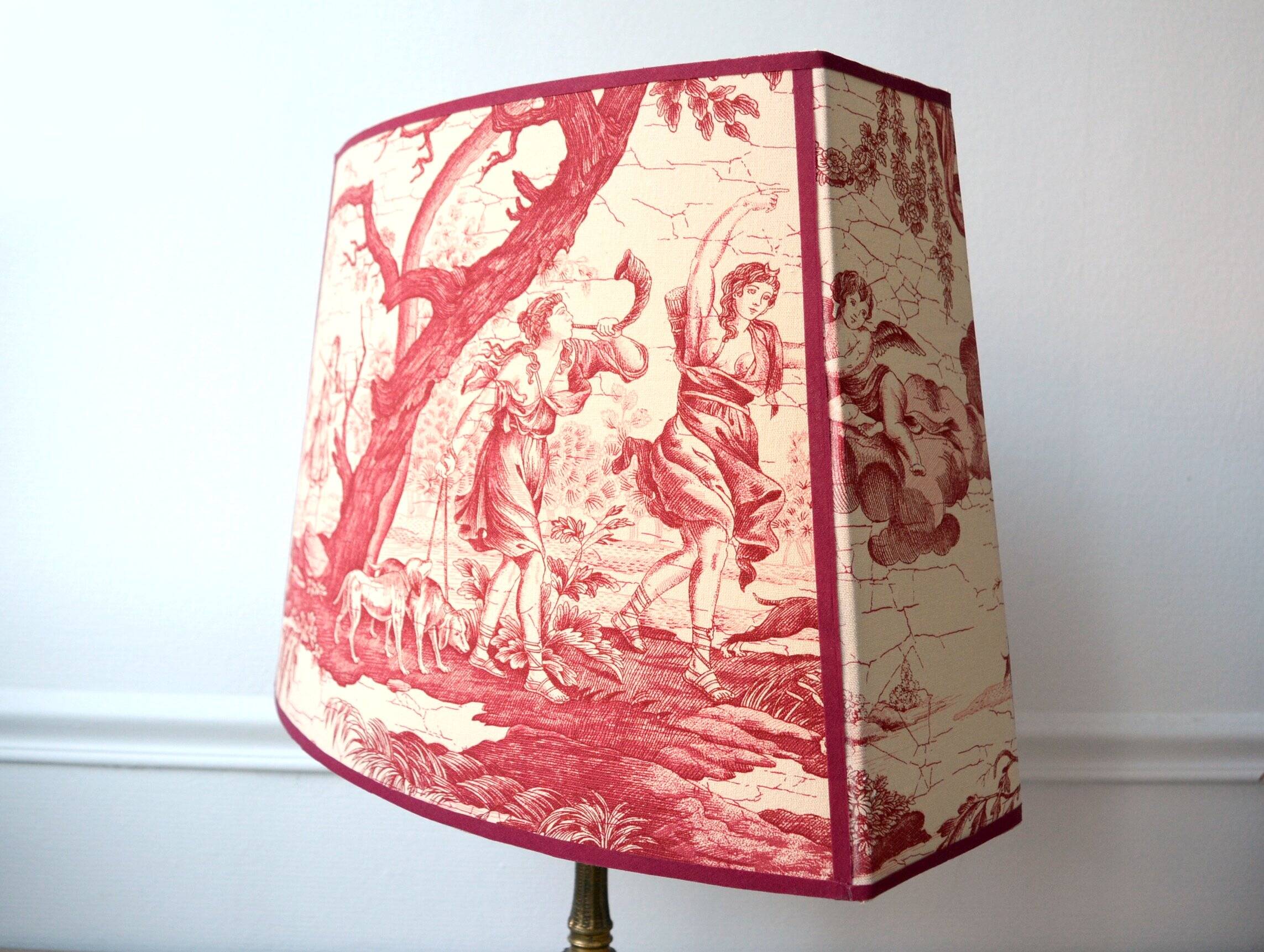Red toile de Jouy fabric lampshade, Greek goddess Diana the huntress.