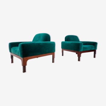 Pair of italian mid century green velvet armchairs