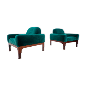 Pair of italian mid century green velvet armchairs