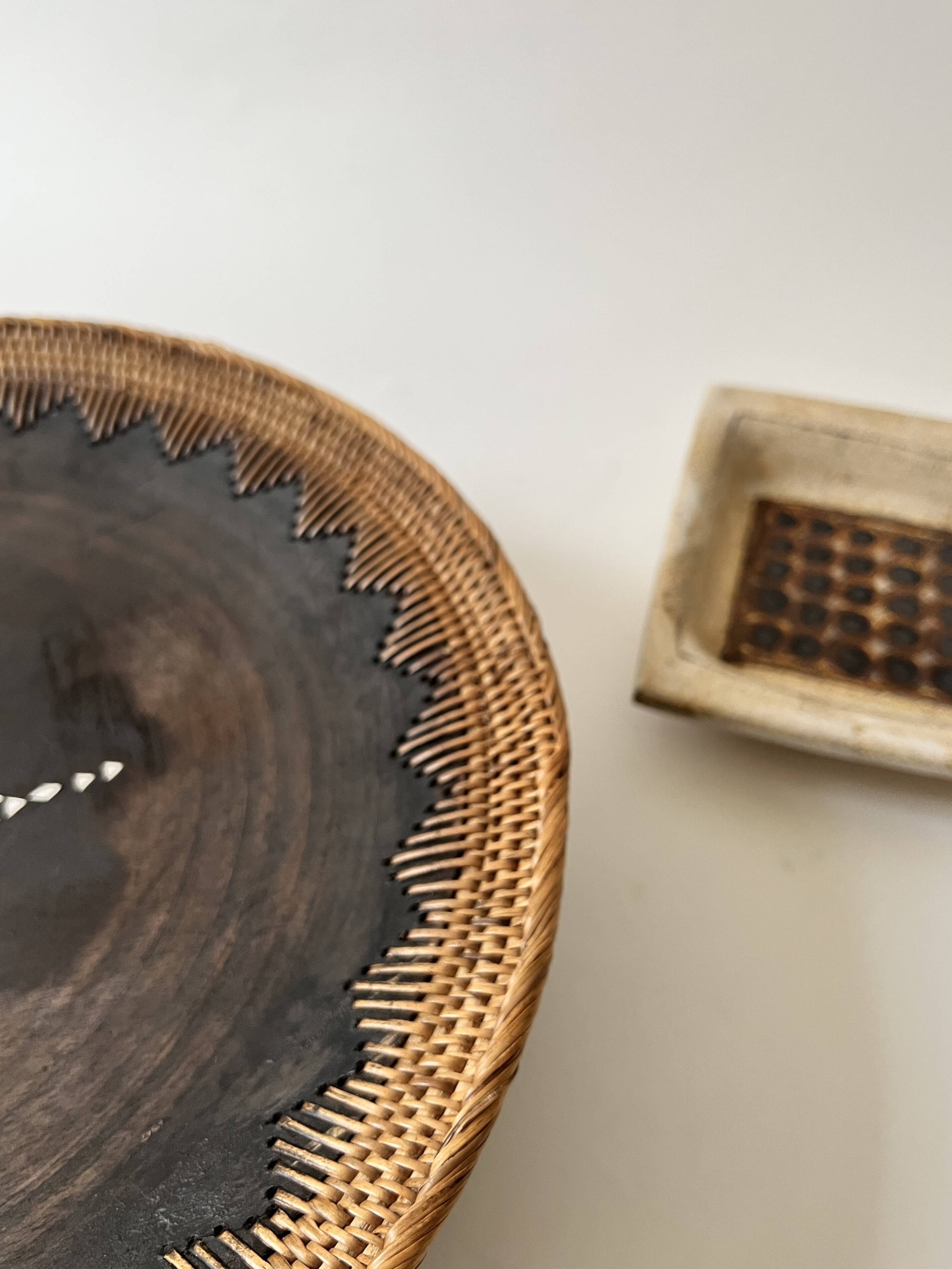 Large basket/trinket tray in blackened wood, wickerwork & mother-of-pearl