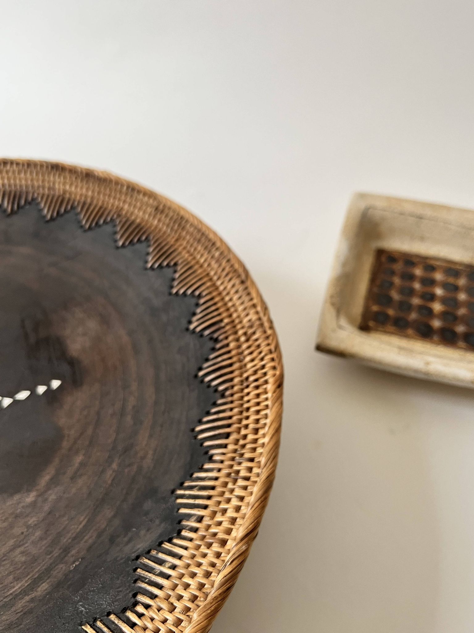 Large basket/trinket tray in blackened wood, wickerwork & mother-of-pearl