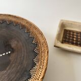 Large basket/trinket tray in blackened wood, wickerwork & mother-of-pearl