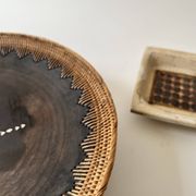 Large basket/trinket tray in blackened wood, wickerwork & mother-of-pearl