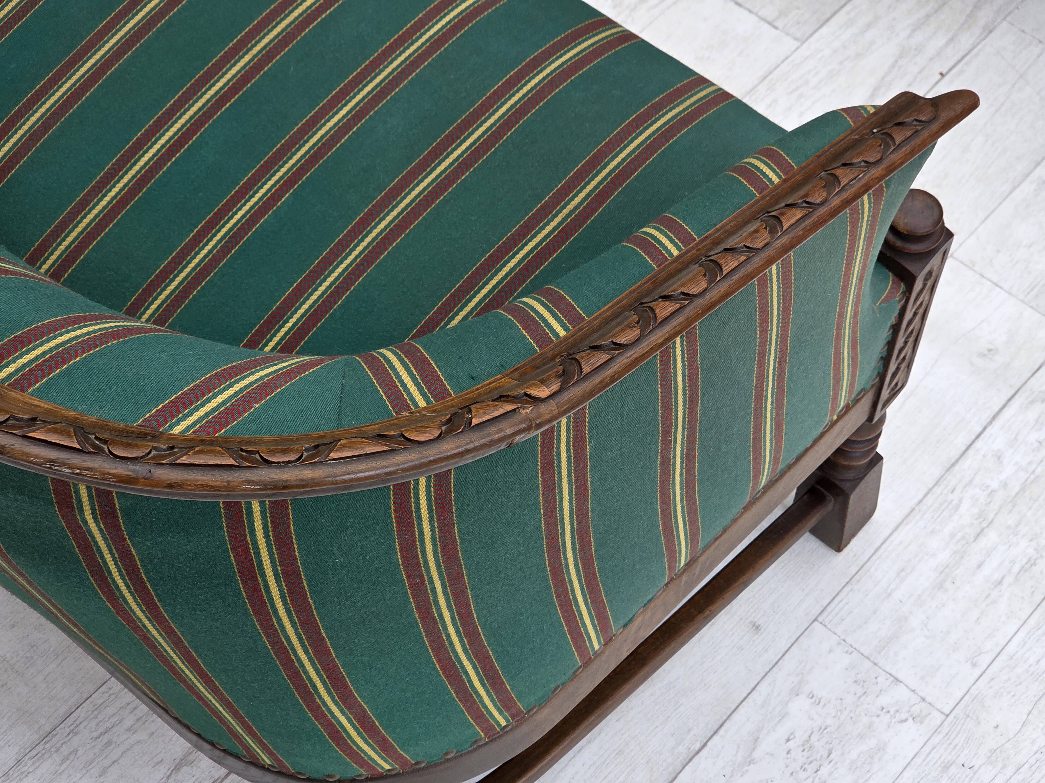 1950s, Danish 2-seater sofa, green furniture wool, oak wood.