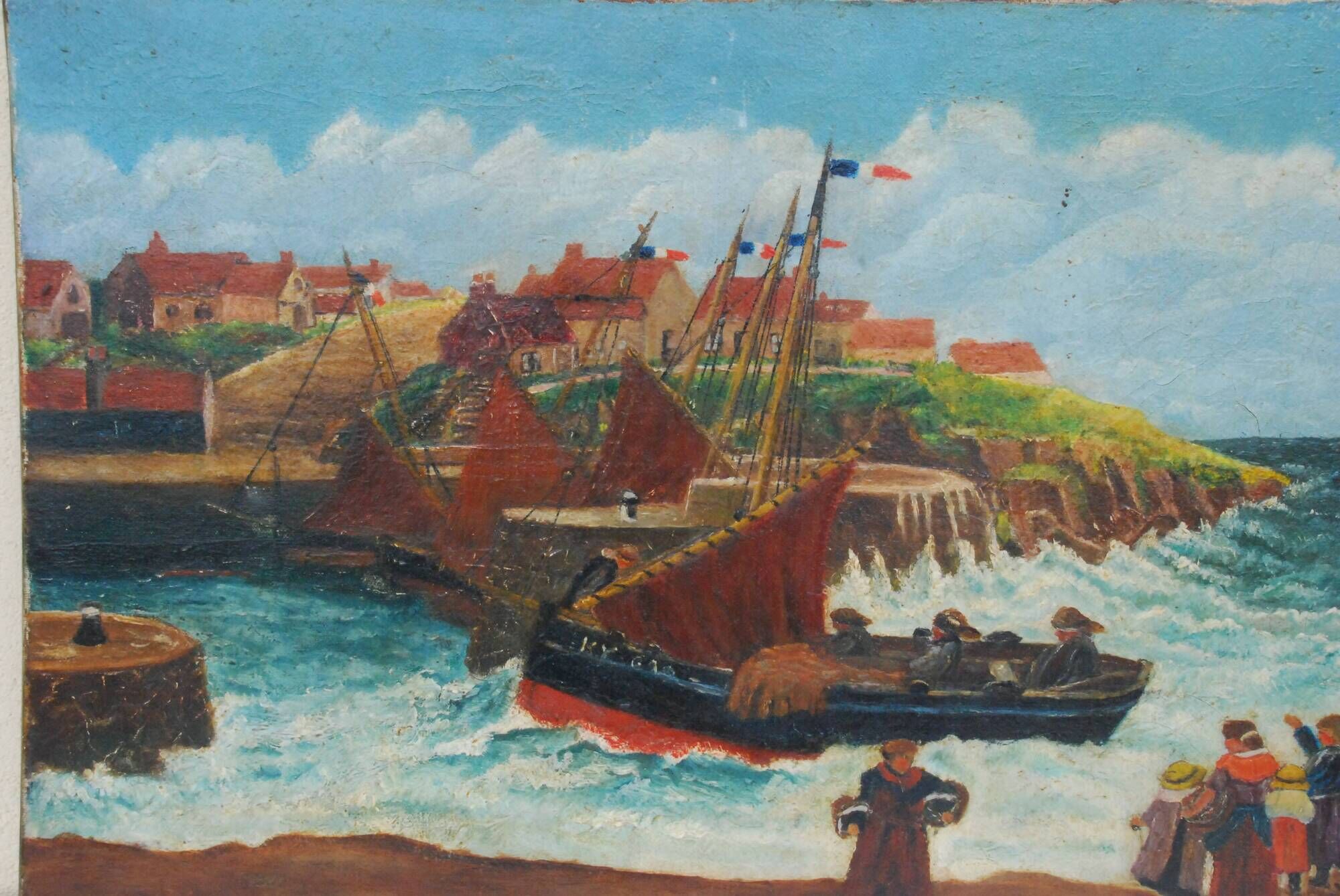 Old painting seaside view boats and fishermen