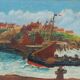 Old painting seaside view boats and fishermen