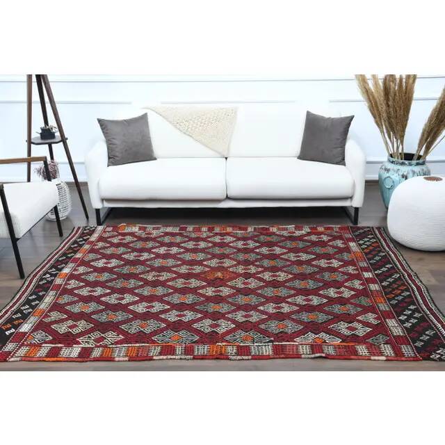 1970s Vintage Turkish Oushak Handmade Wool Cotton Red Area Rug 166x235