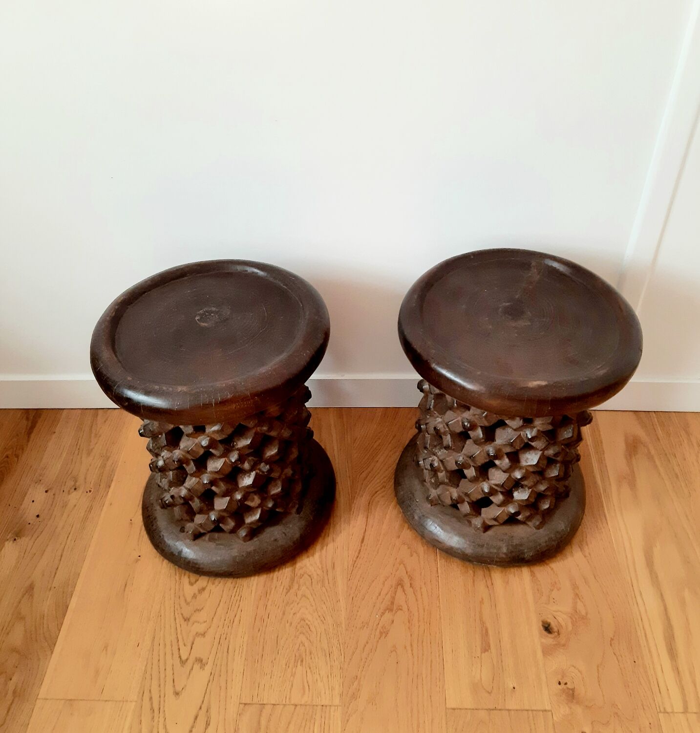 Set of 2 African Bamilike Cameroon stools, year 1950