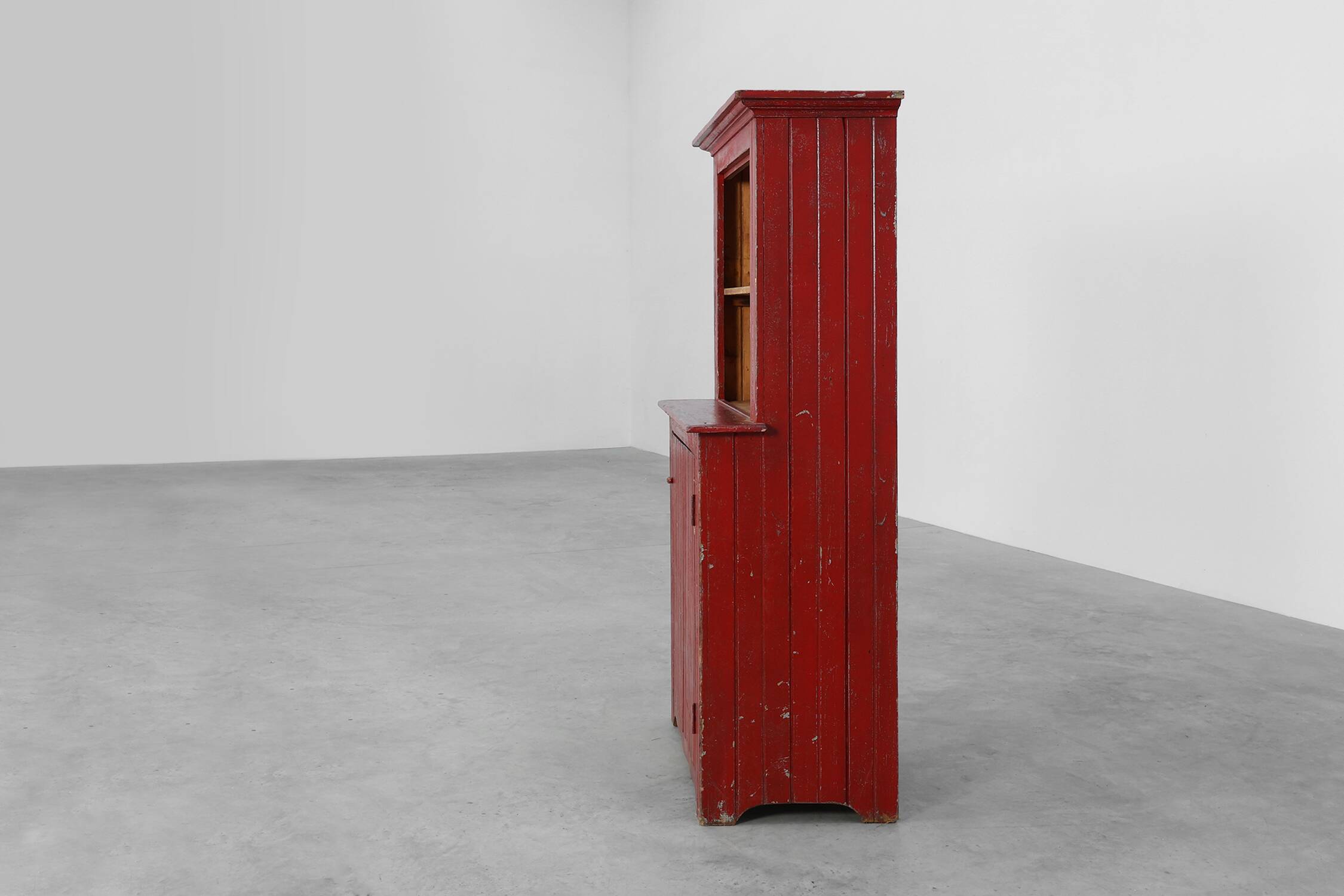 French 19th Century Red‑Painted Stepback Cupboard in Pine