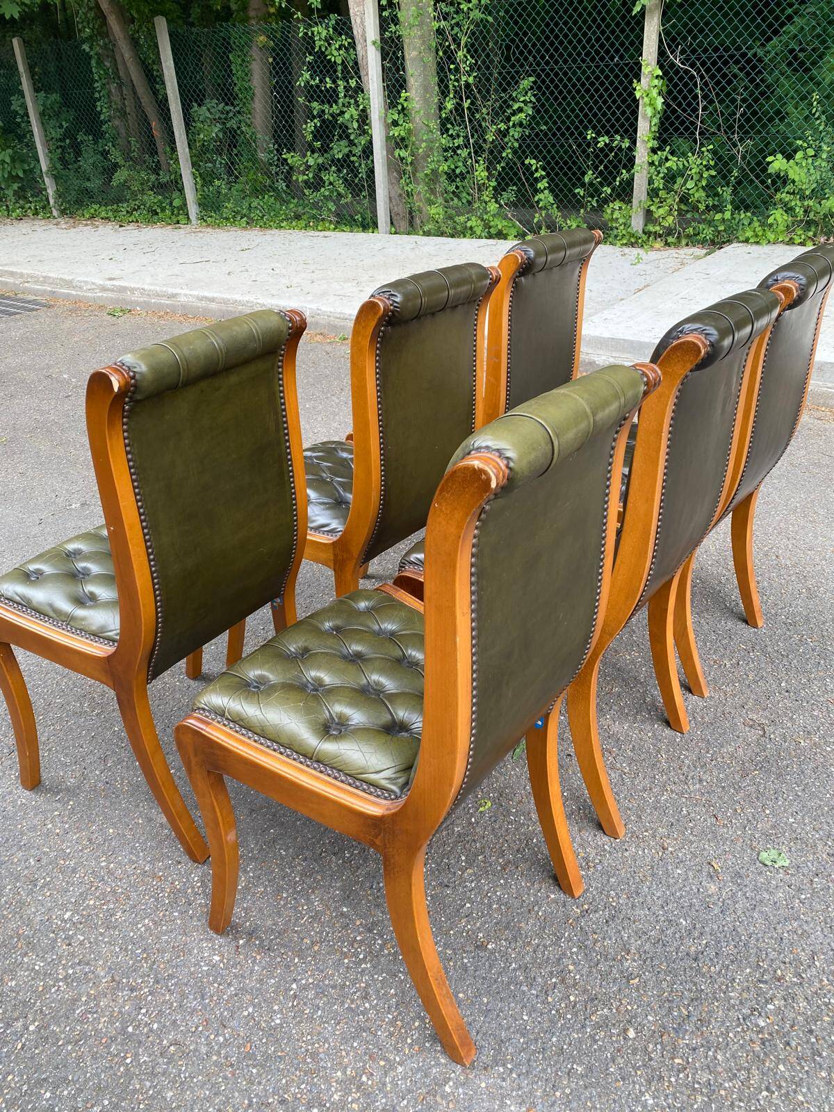 6 English Chesterfield chairs, 20th century, olive green leather