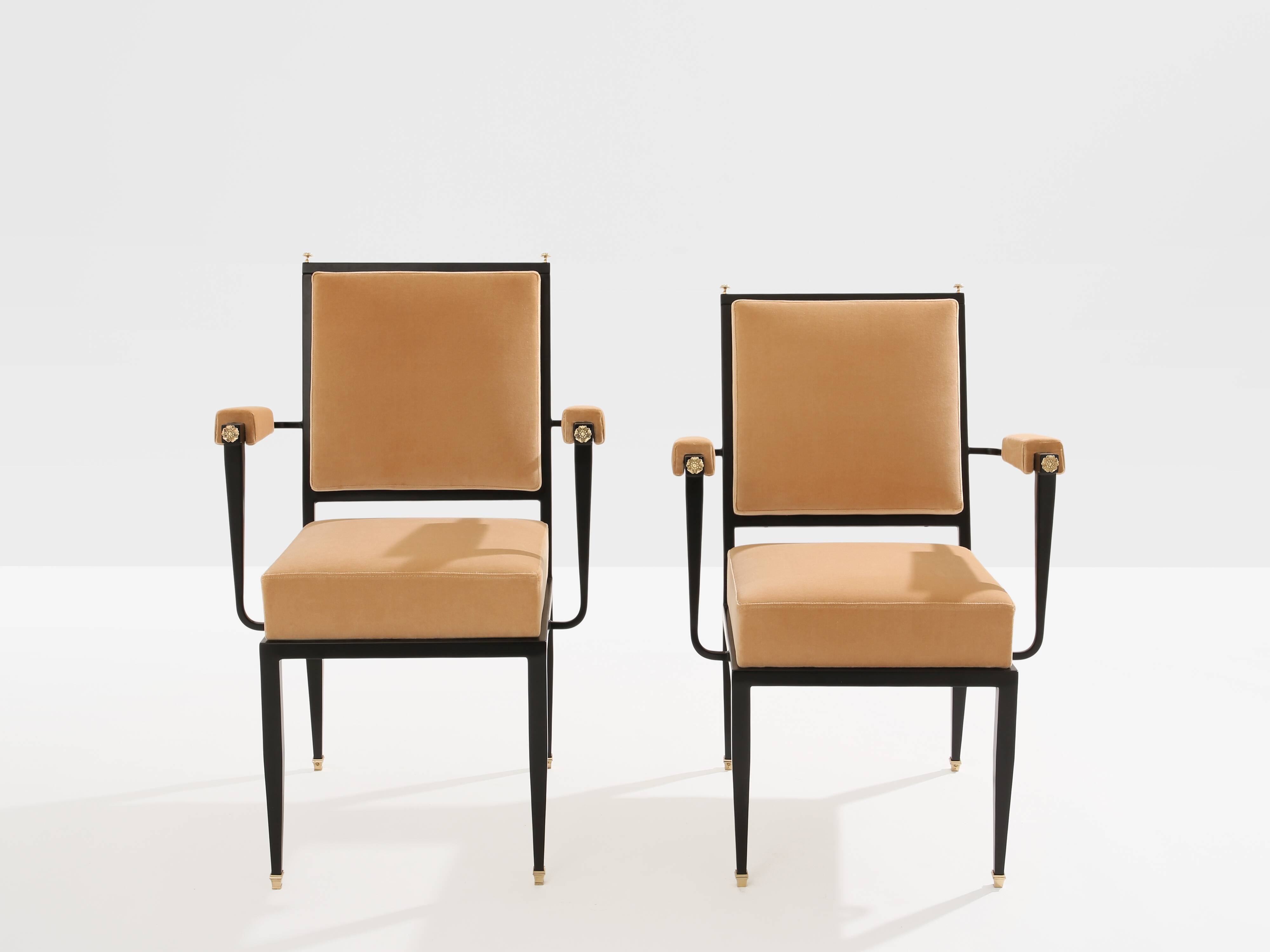 André Arbus attributed neoclassical armchairs metal bronze velvet 1940