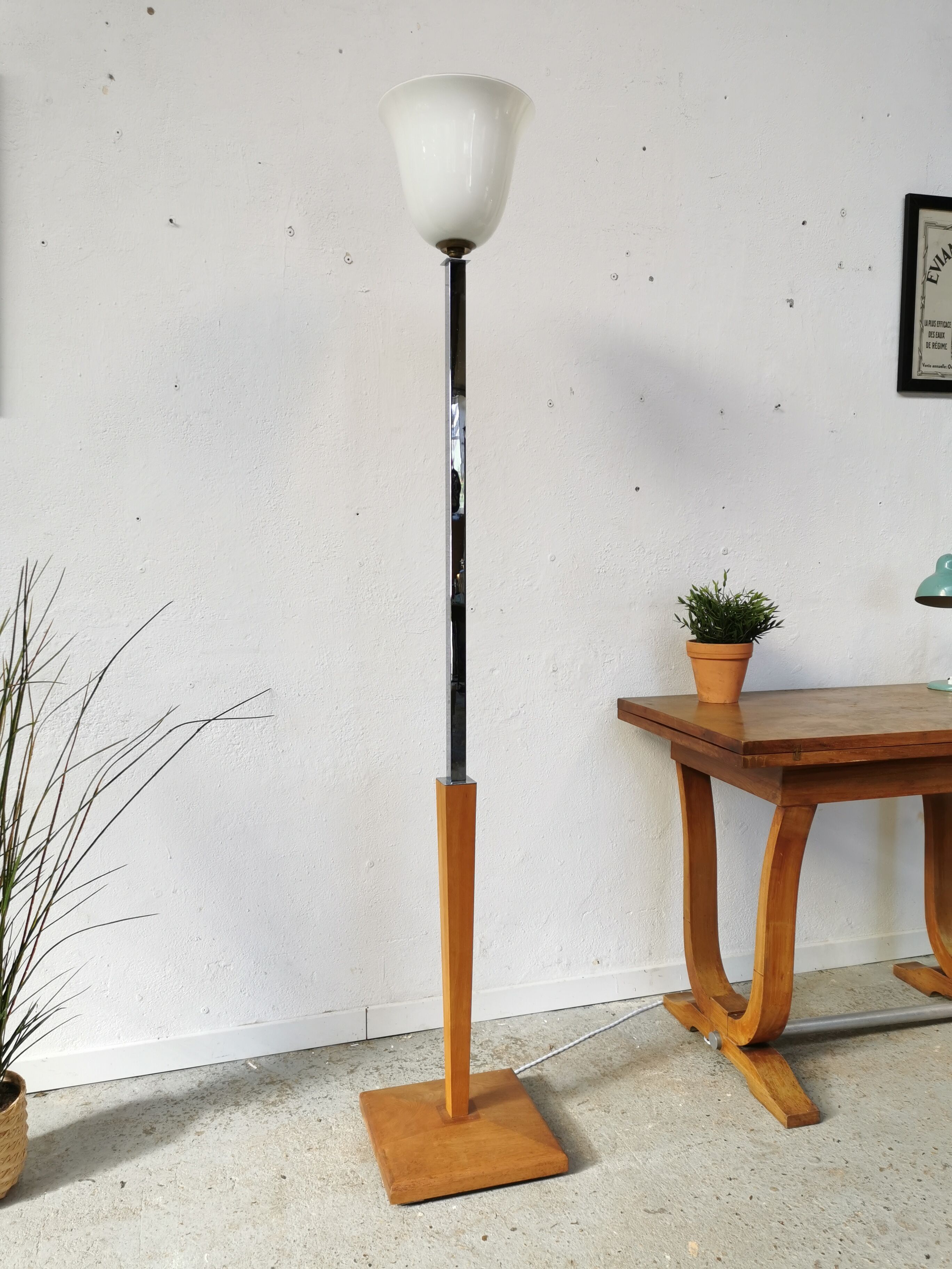 Art deco floor lamp Mazda chrome opaline wood