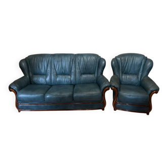 Canapé cuir bleu et 2 fauteuils Danjou Boda
