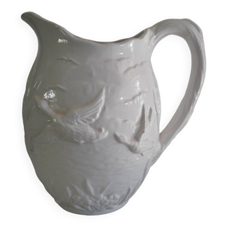 White jug earthenware ceramic slip vintage geese in relief