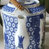 Japanese fine porcelain teapot, Geisha/cherry blossom patterns, Bamboo imitation handle