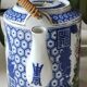 Japanese fine porcelain teapot, Geisha/cherry blossom patterns, Bamboo imitation handle