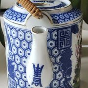 Japanese fine porcelain teapot, Geisha/cherry blossom patterns, Bamboo imitation handle