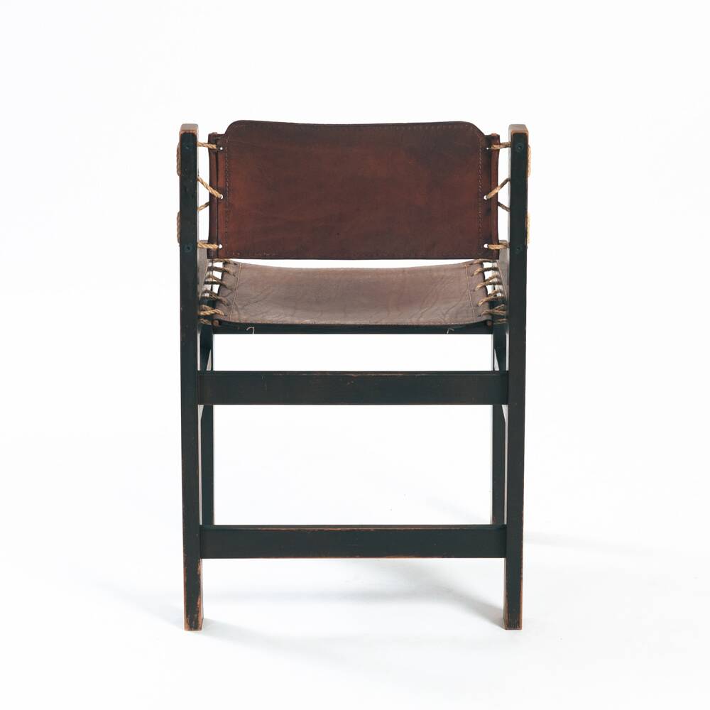 Vintage Brutalist Hide Leather and Wood with Rope Dining Chairs, Set of 2