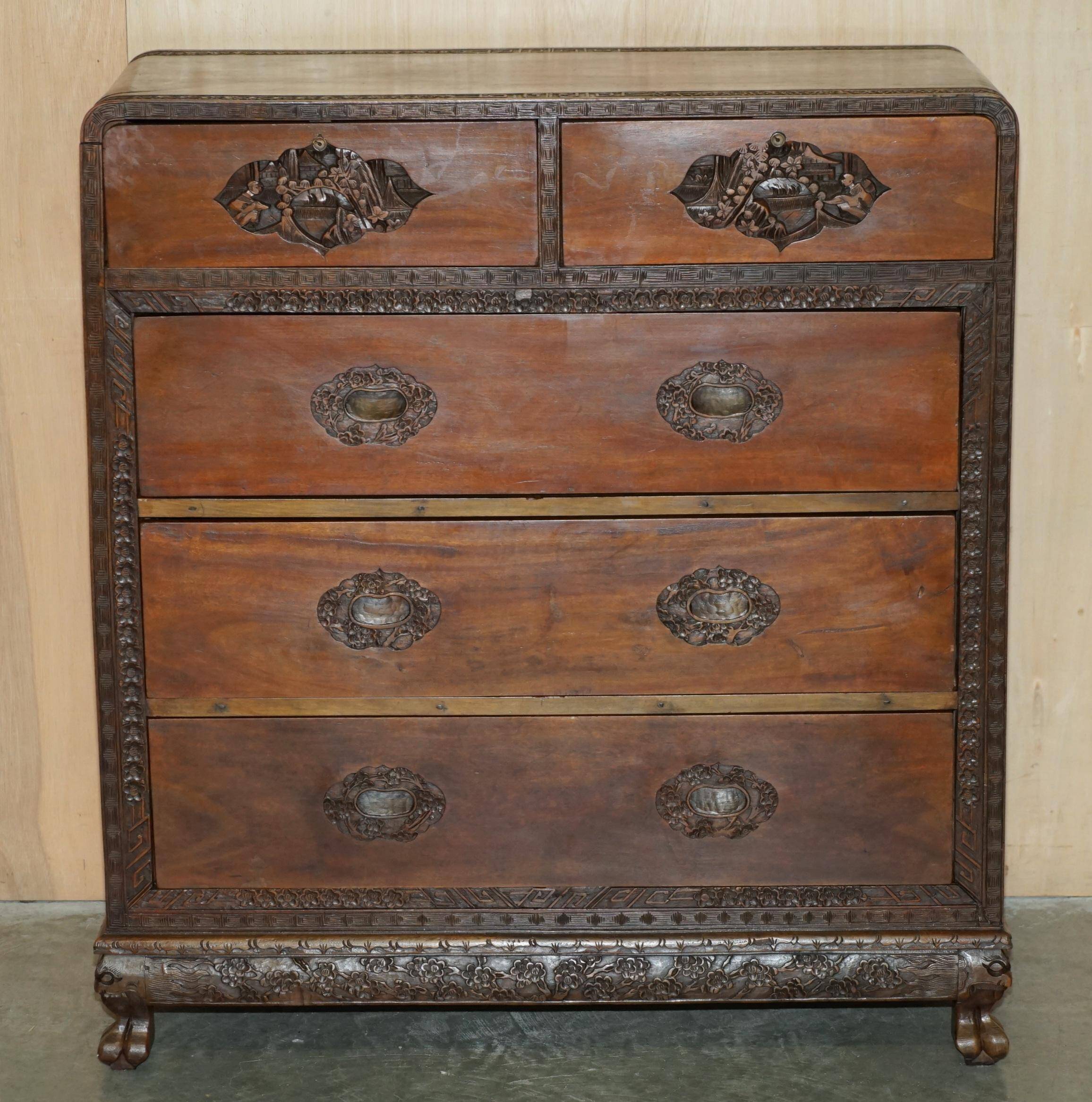 Antique Chinese commode hand-carved circa 1890 with detailed handles.