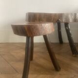 Brutalist wooden table and 3 stools
