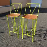 Pair of stools high bar stools leather and acidulous green metal