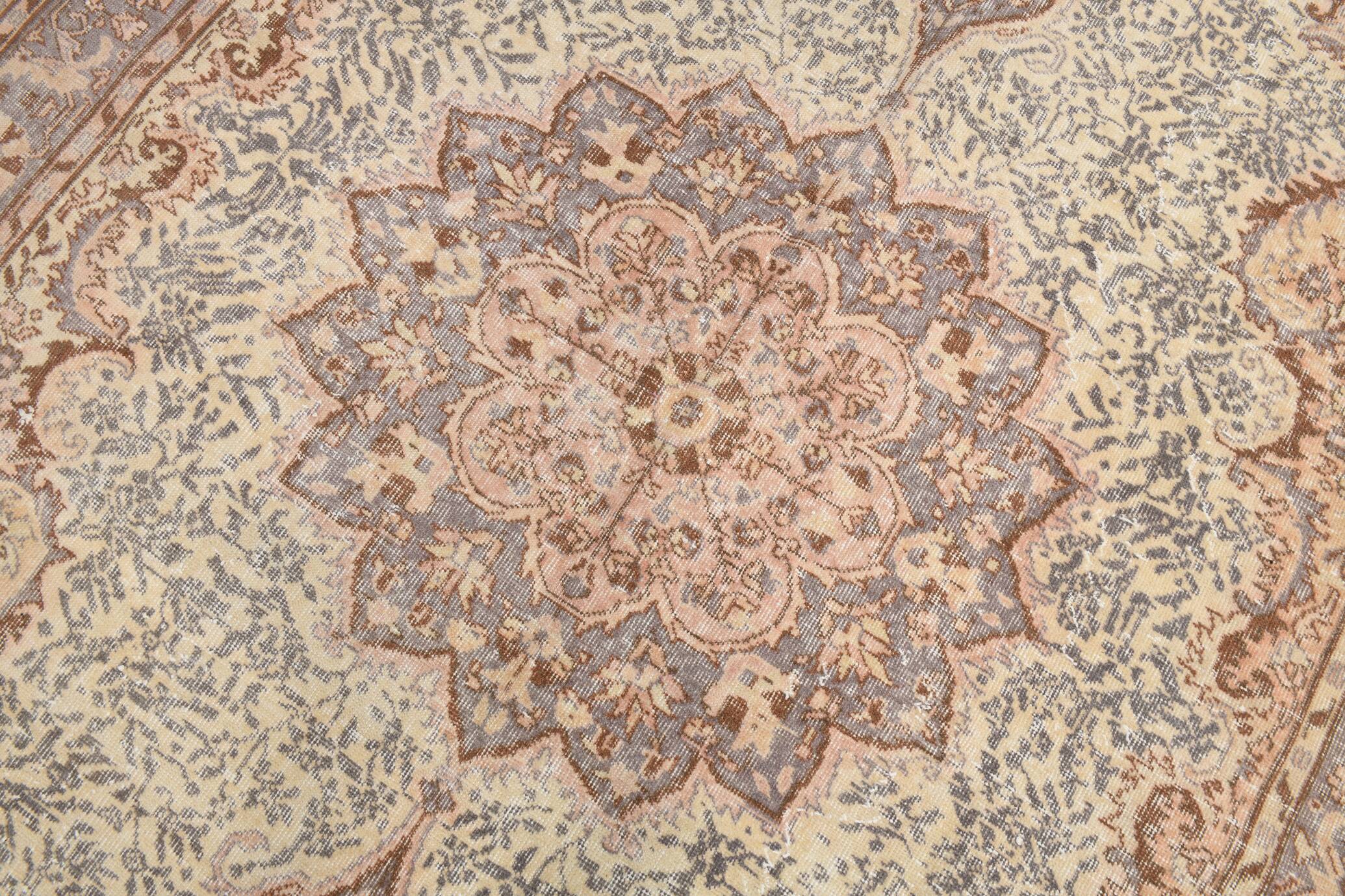 Vintage Persian Style Rug, Soft Beige Blue Medallion Handwoven Carpet