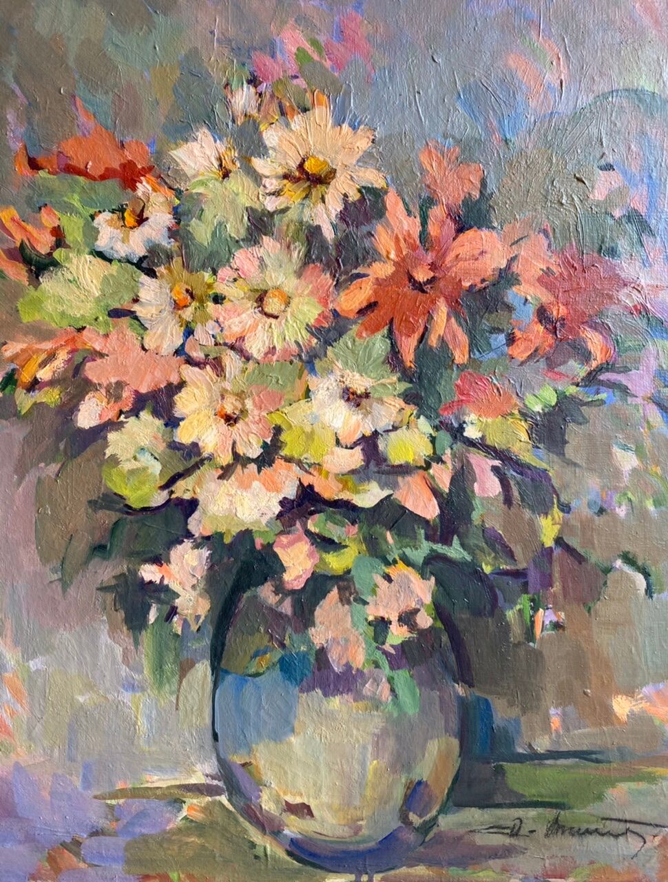 Antique painting, Still life with wild flowers, signed, 20th century