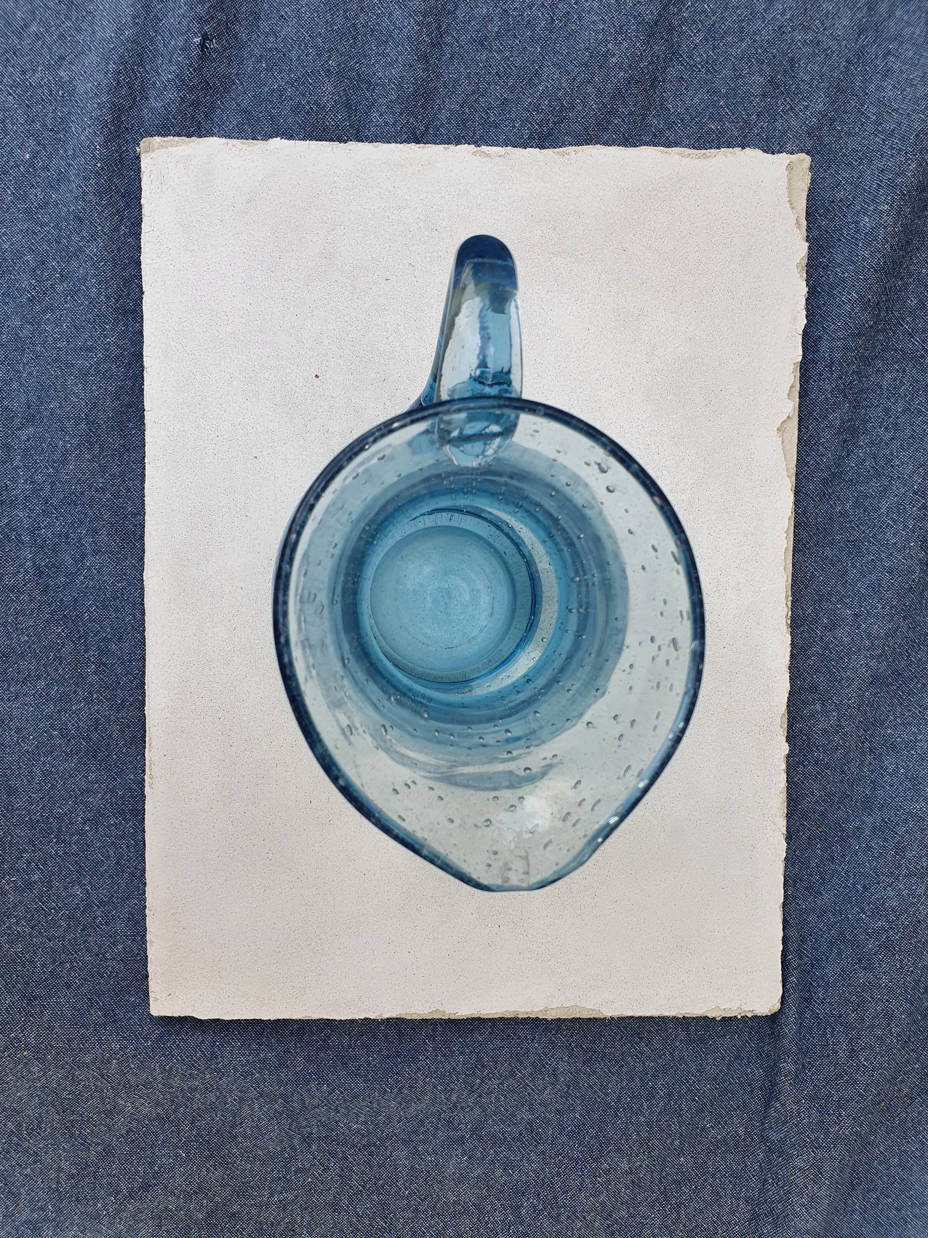 Pitcher or carafe in bubbled glass biot light blue