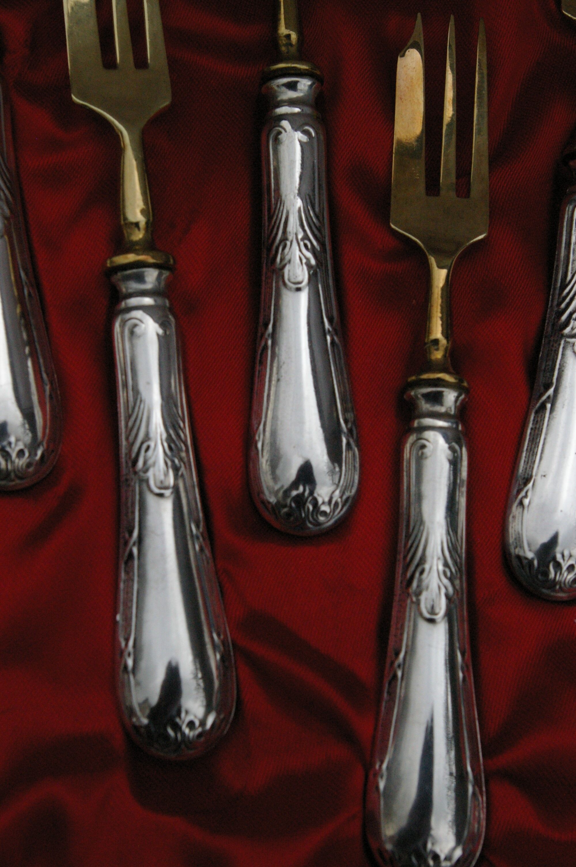 12 Cake Forks Silver Metal and Golden Blades Louis XVI Style