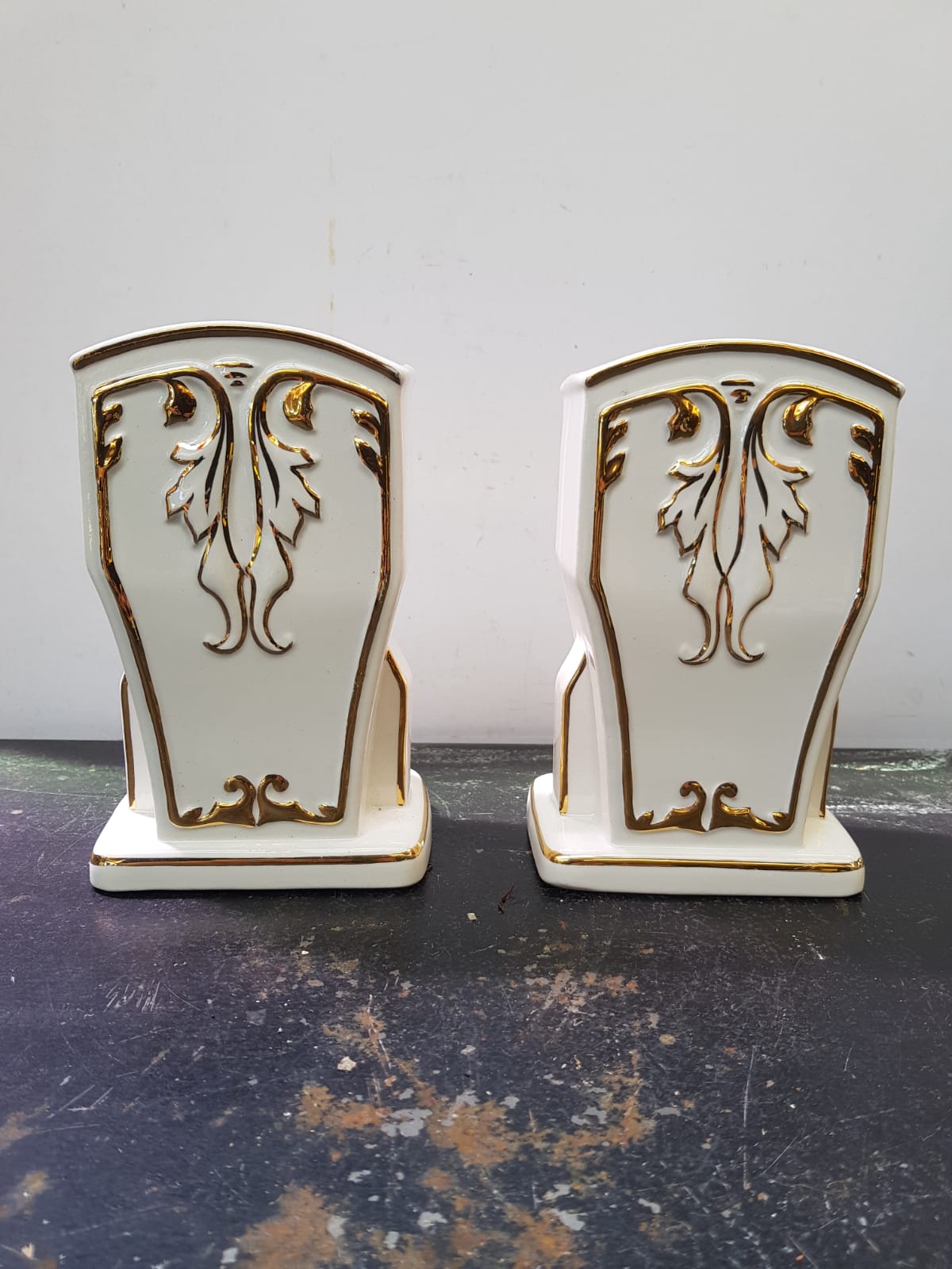 Pair Of Old White Art Ceramic Vase + Golden Decor Made In France Vintage