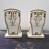 Pair Of Old White Art Ceramic Vase + Golden Decor Made In France Vintage