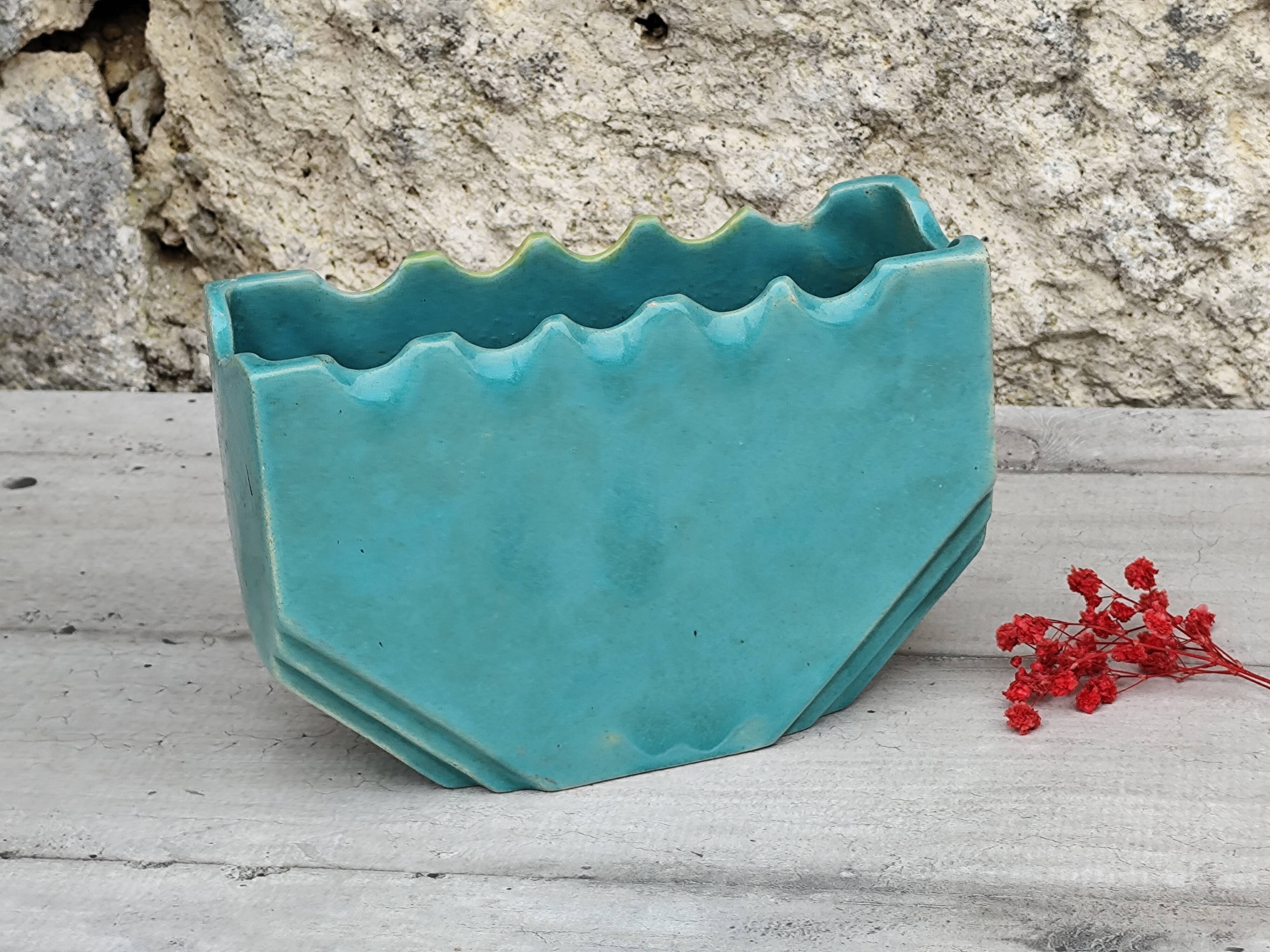 Large blue and yellow ceramic flowerpot vase