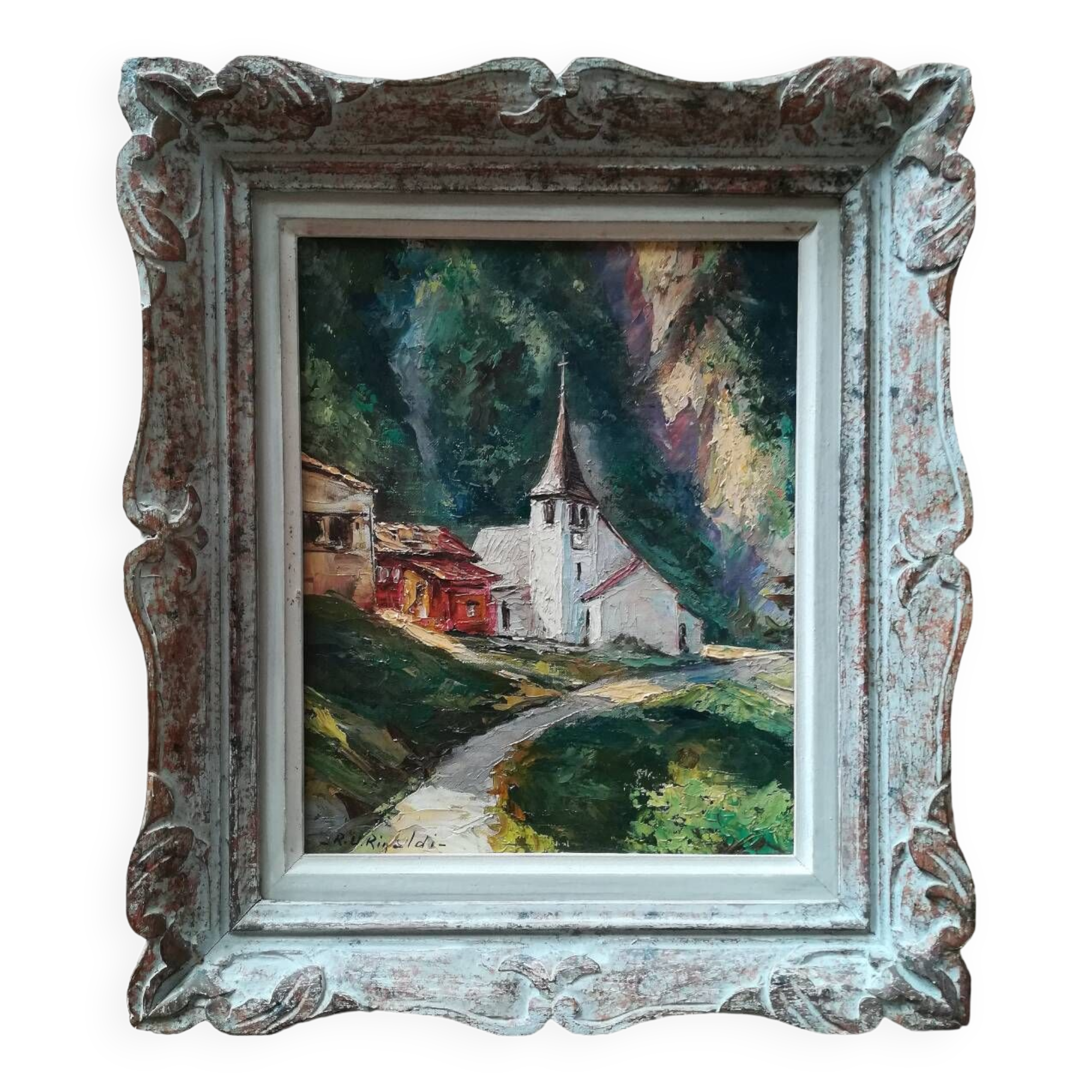 Oil on canvas landscape church of RU Rinaldi 20th century