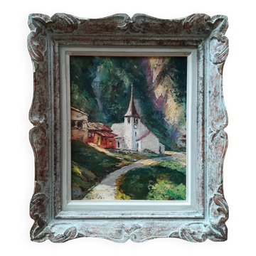 Oil on canvas landscape church of RU Rinaldi 20th century