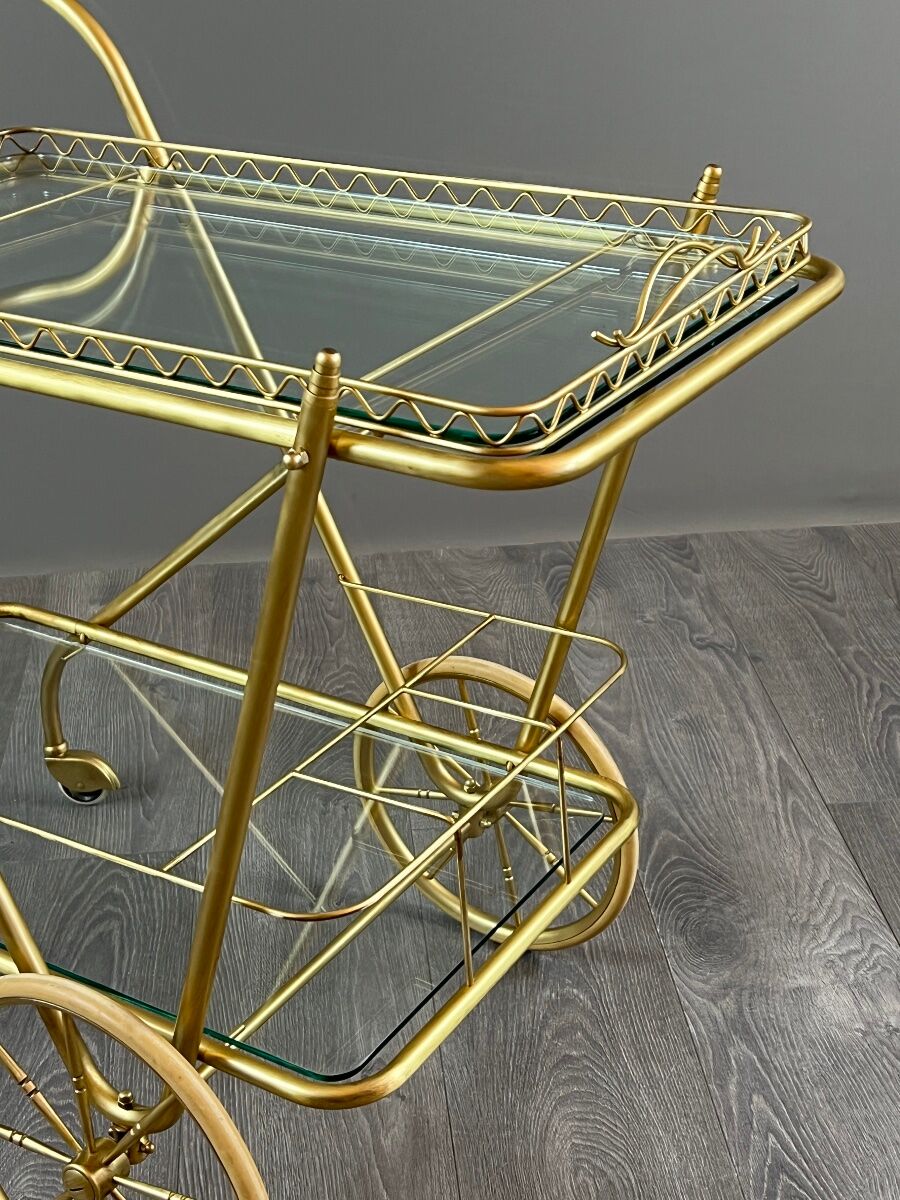 Rolling table cart in brass and glass, 20th century