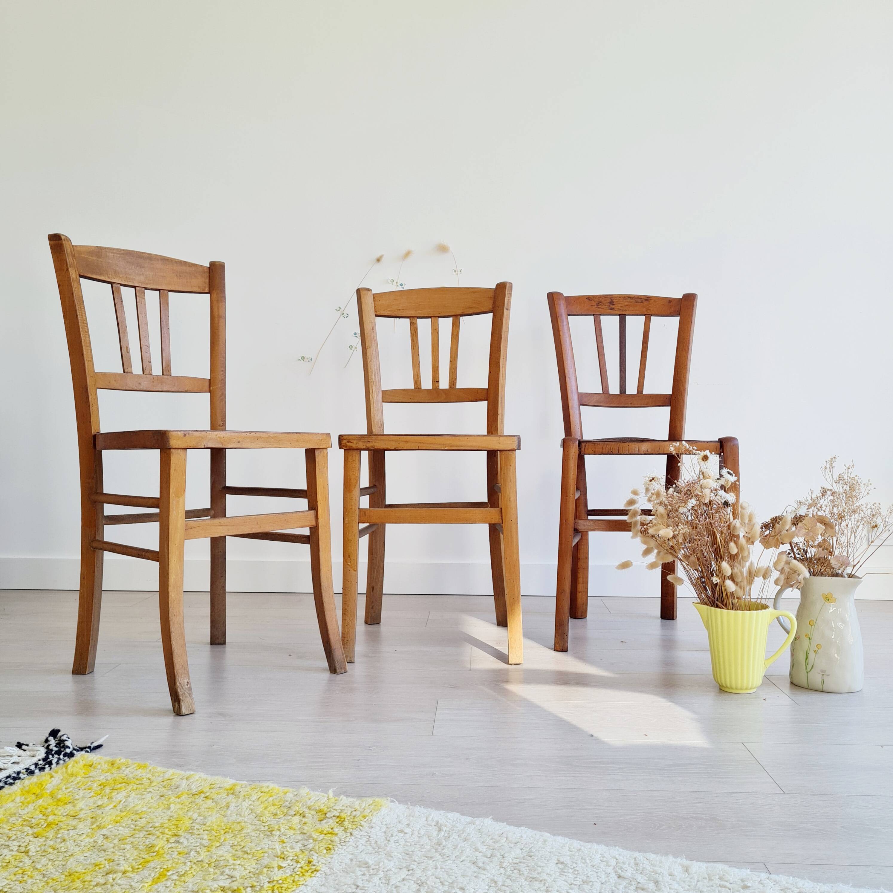 3 old wooden bistro chairs