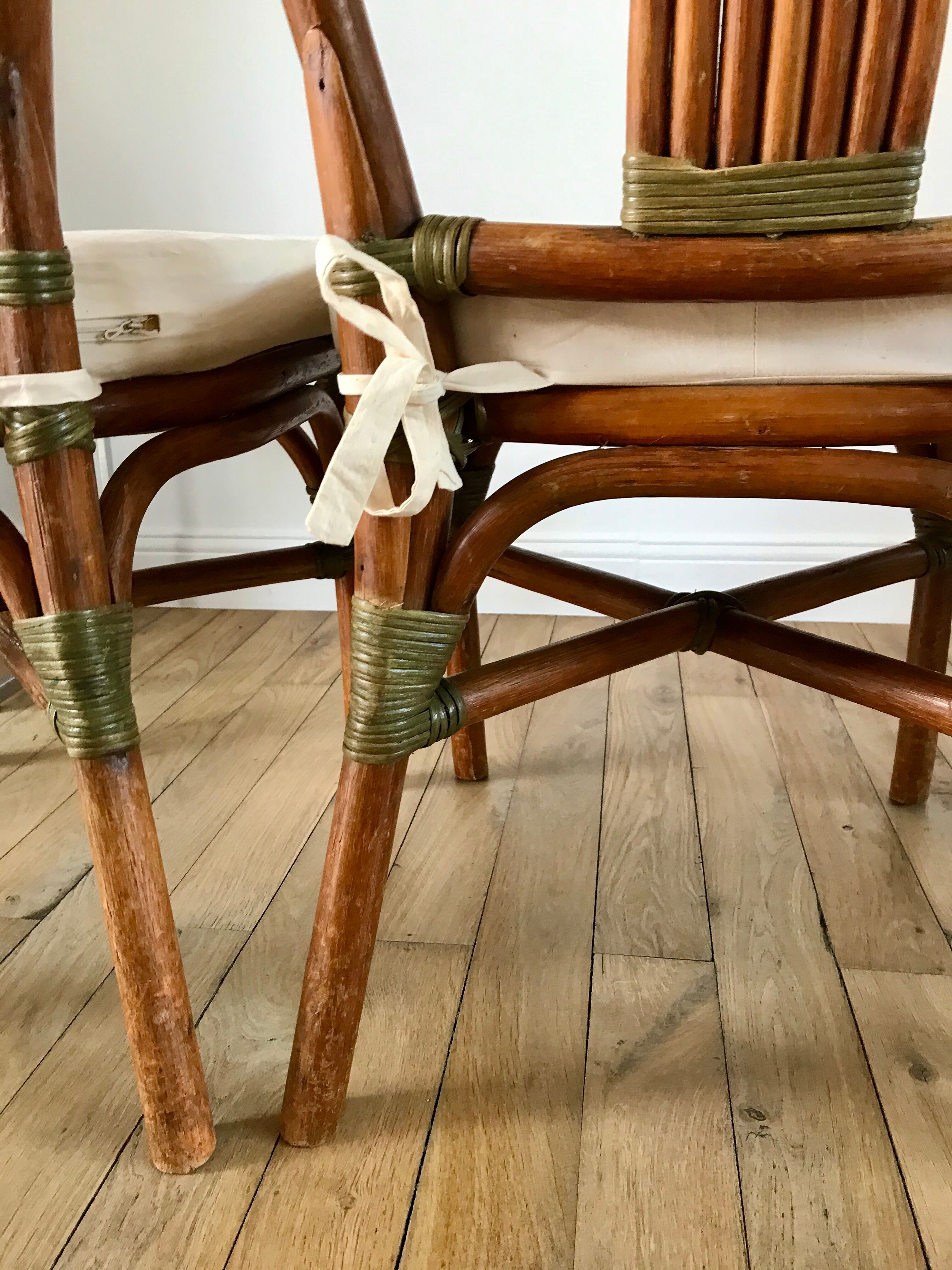 Set of 3 rattan / bamboo chairs with cushions years 1960-1970