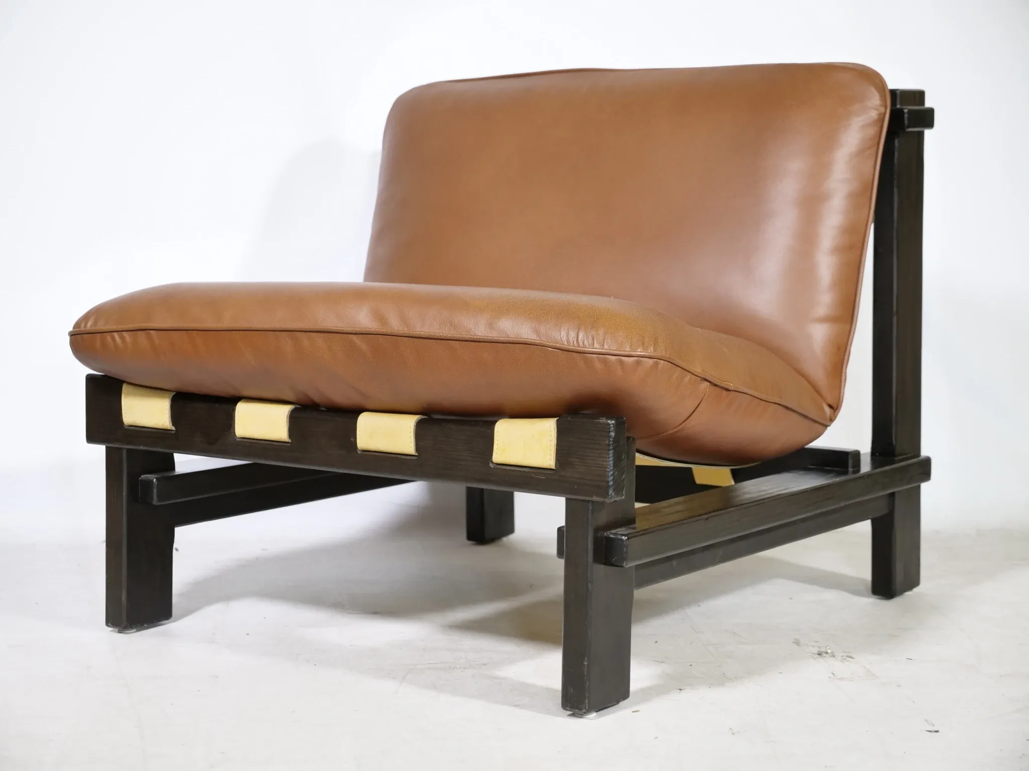 Brutalist Lounge Set in Light Brown Leather & Pine by Carl Straub, Set of 3