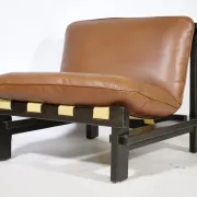 Brutalist Lounge Set in Light Brown Leather & Pine by Carl Straub, Set of 3