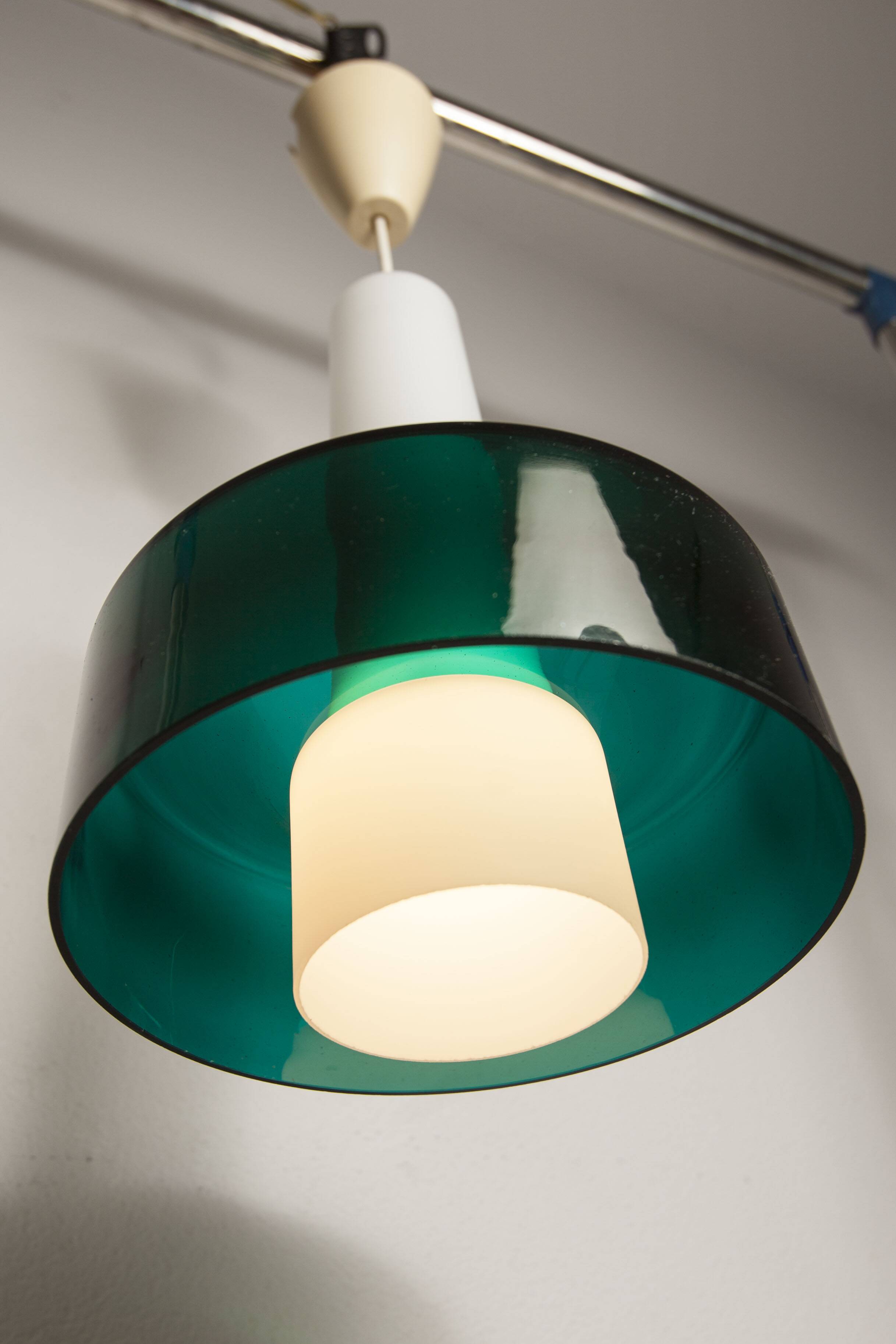Vintage suspension in 2 elements, white opaline and transparent glass.
