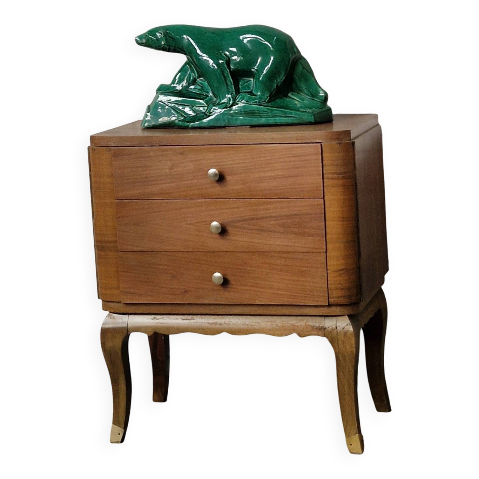 Small vintage Art Deco piece with 3 drawers, curved legs and caps.