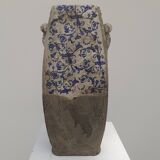 Vase with blue and white enamel on terracotta