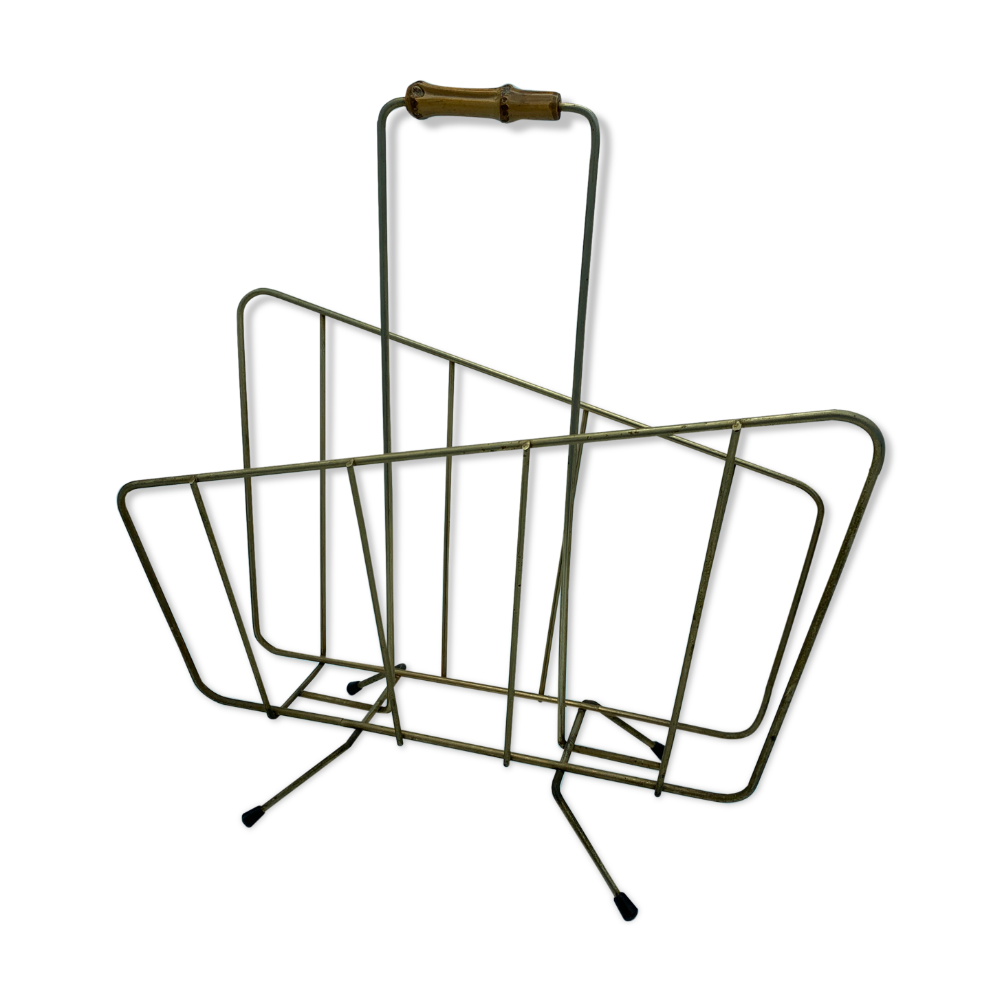 Vintage magazine holder in gold steel bamboo handle