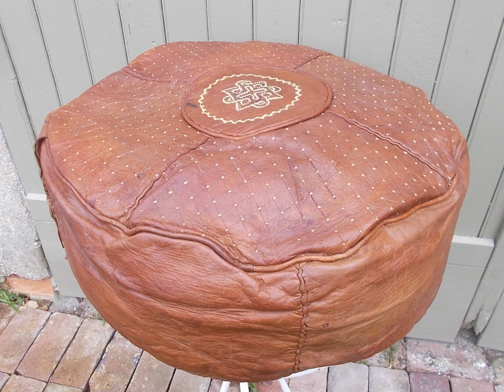 large vintage Moroccan leather pouf