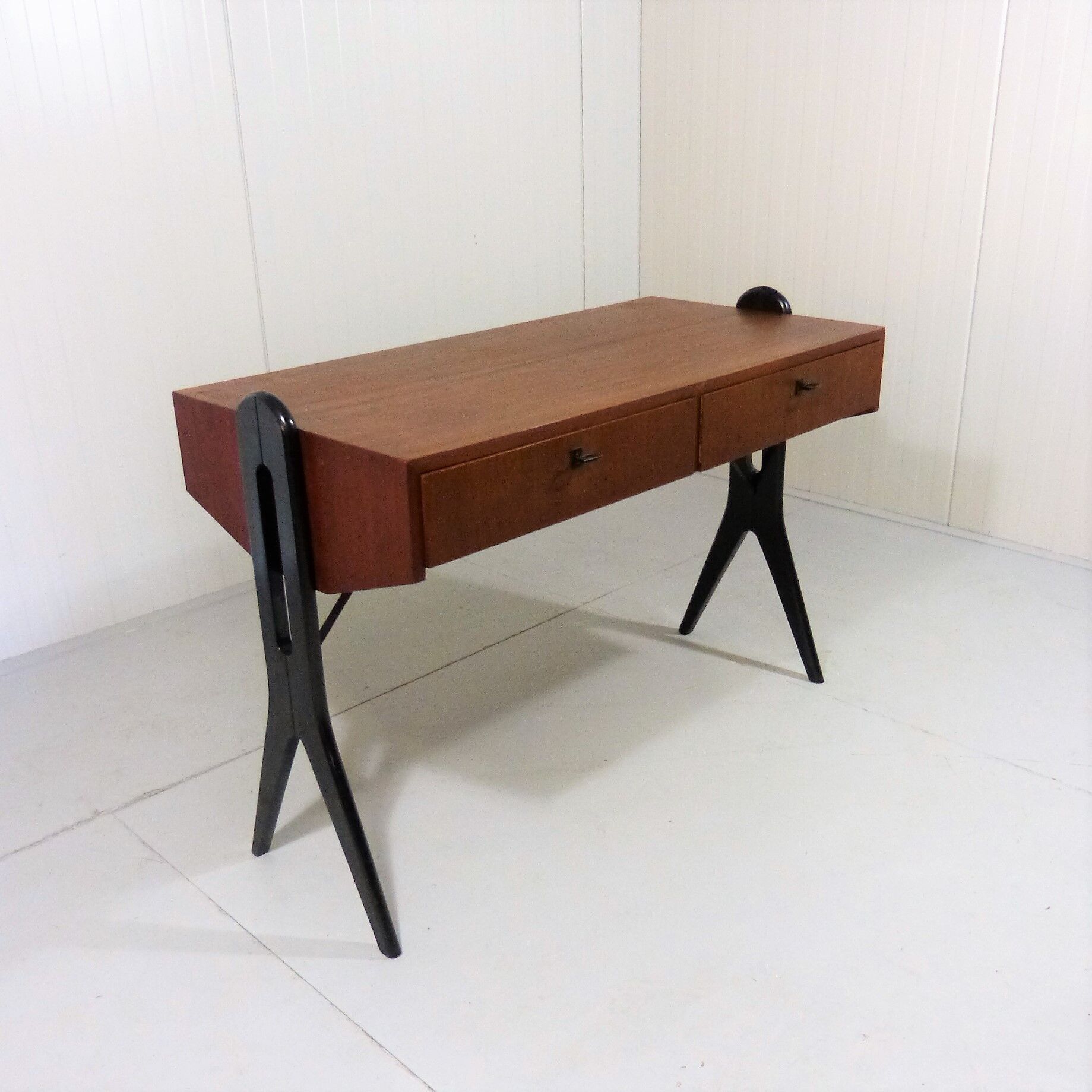 Vintage teak desk with black scissor legs 1960's