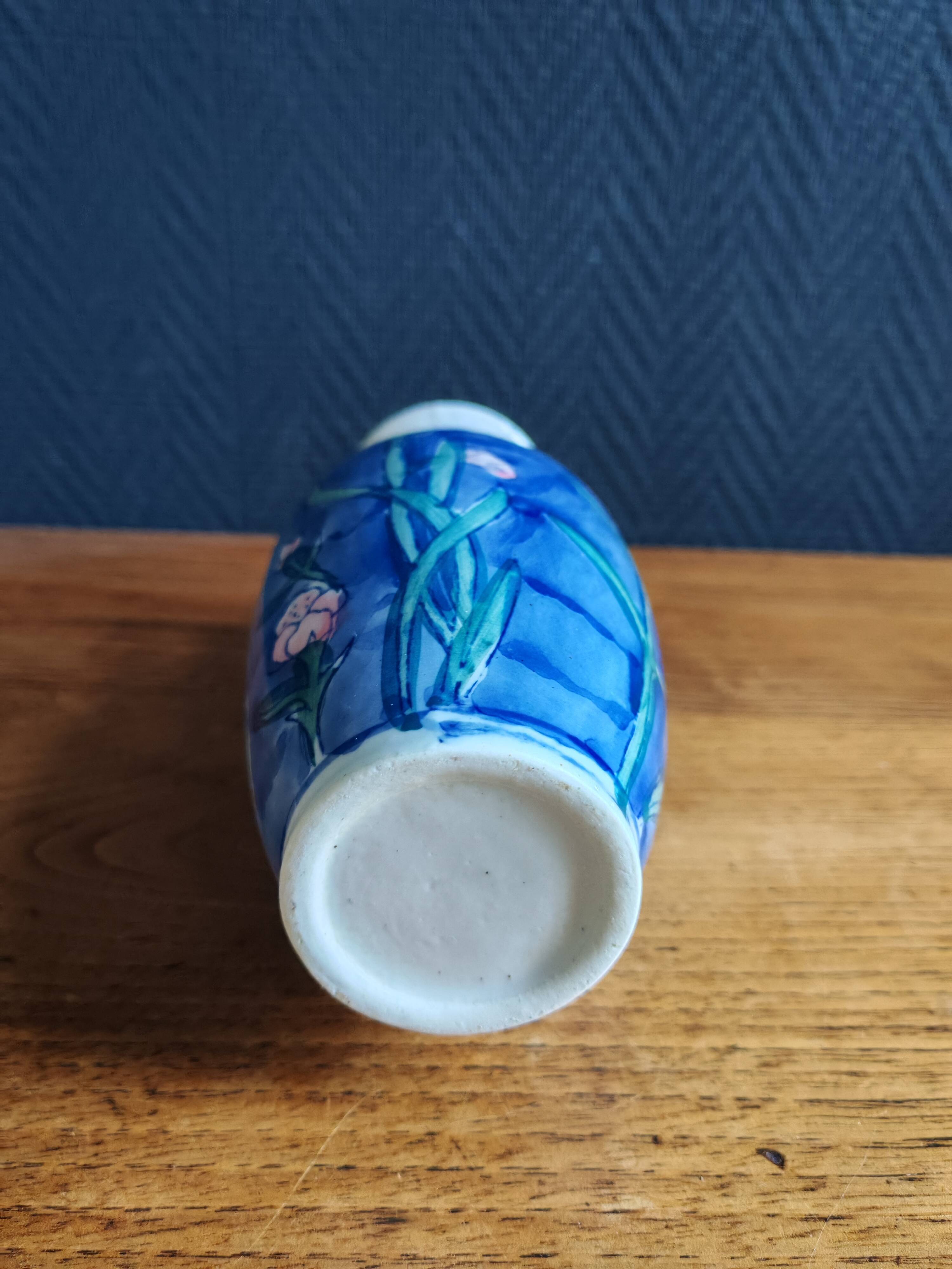 Vintage Blue Ceramic Vase with Pink Floral Decoration, Shabby Chic Style