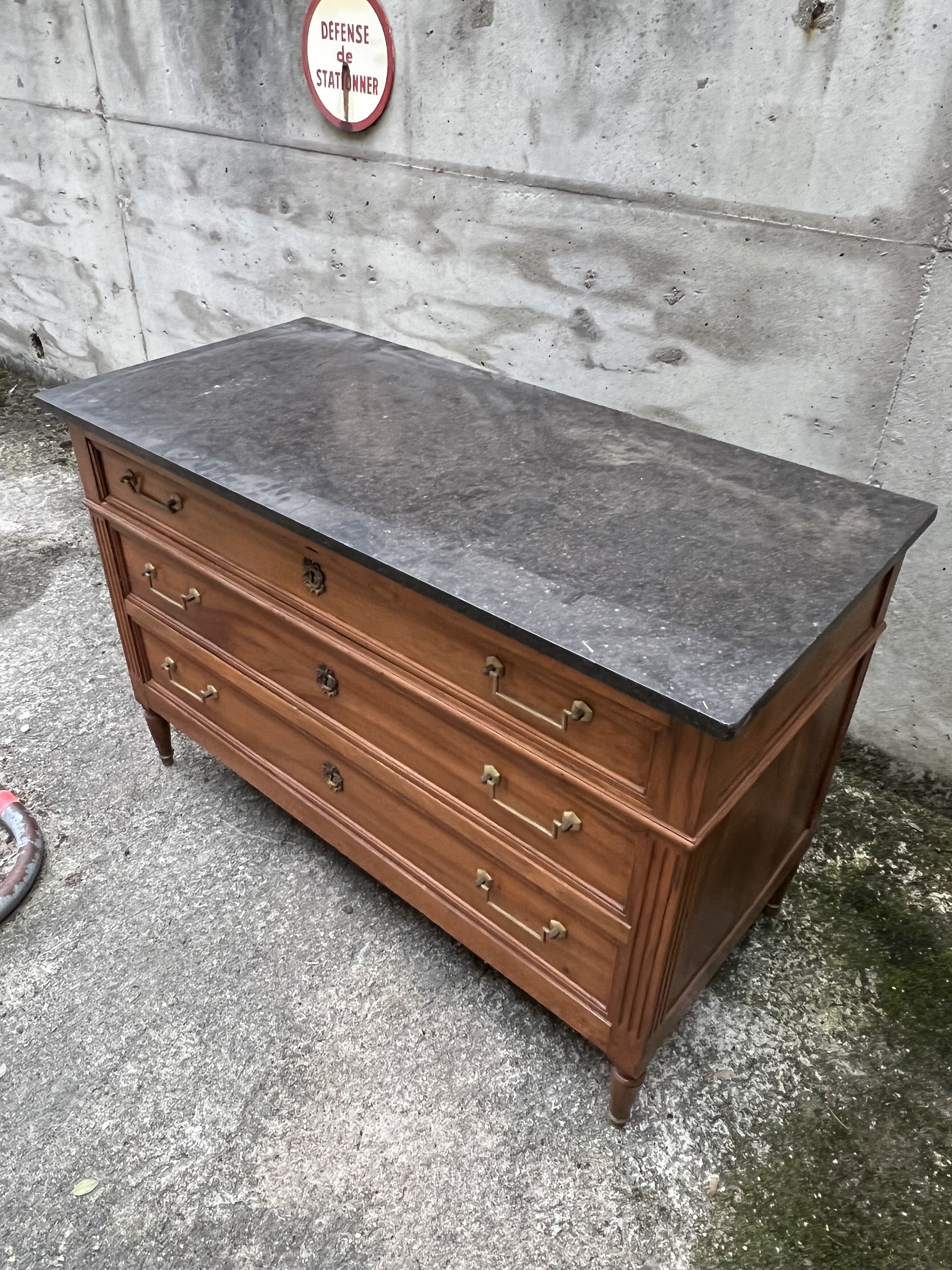 Louis XVI style chest of drawers in walnut, marble top
