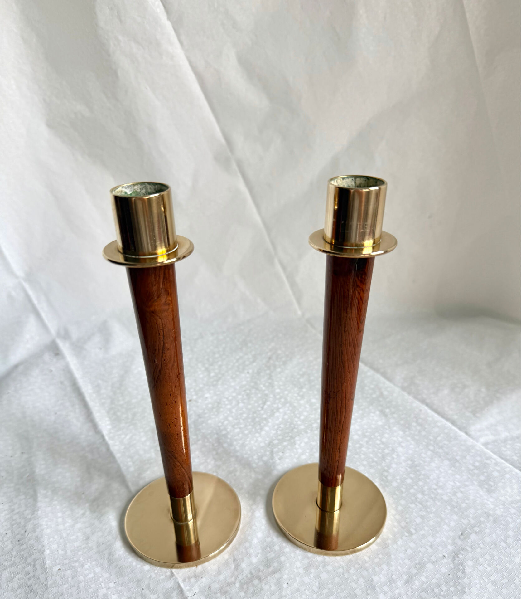 Pair of Danish Art Deco Candle Holders  in Wood & Brass
